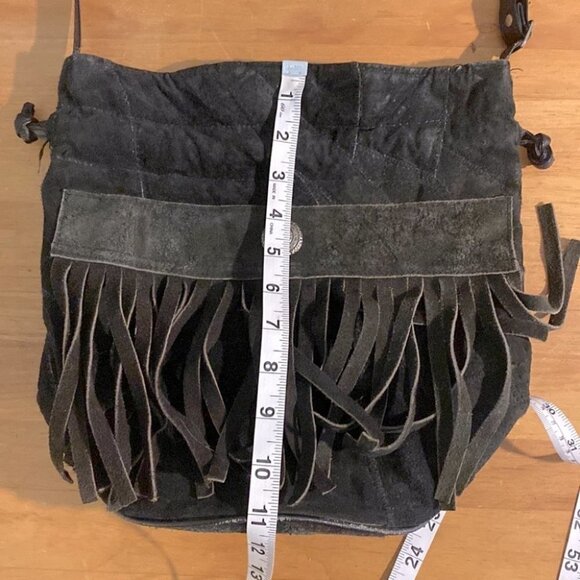 Vintage Leather Patchwork Black Brown Colour Block Bucket Bag Purse With Fringe - Picture 10 of 12